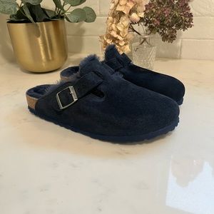 NEW BIRKENSTOCK BOSTON SUEDE SHEARLING CLOGS Navy 39 Ladies 8 men’s 6